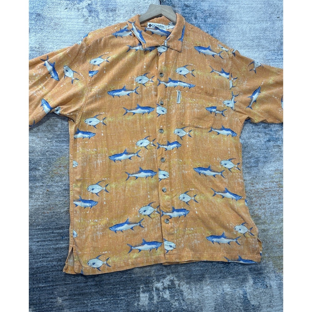 Men's Silk Nautical Fish Print Button Up Shirt Coastal Beach Orange Medium - Picture 2 of 8